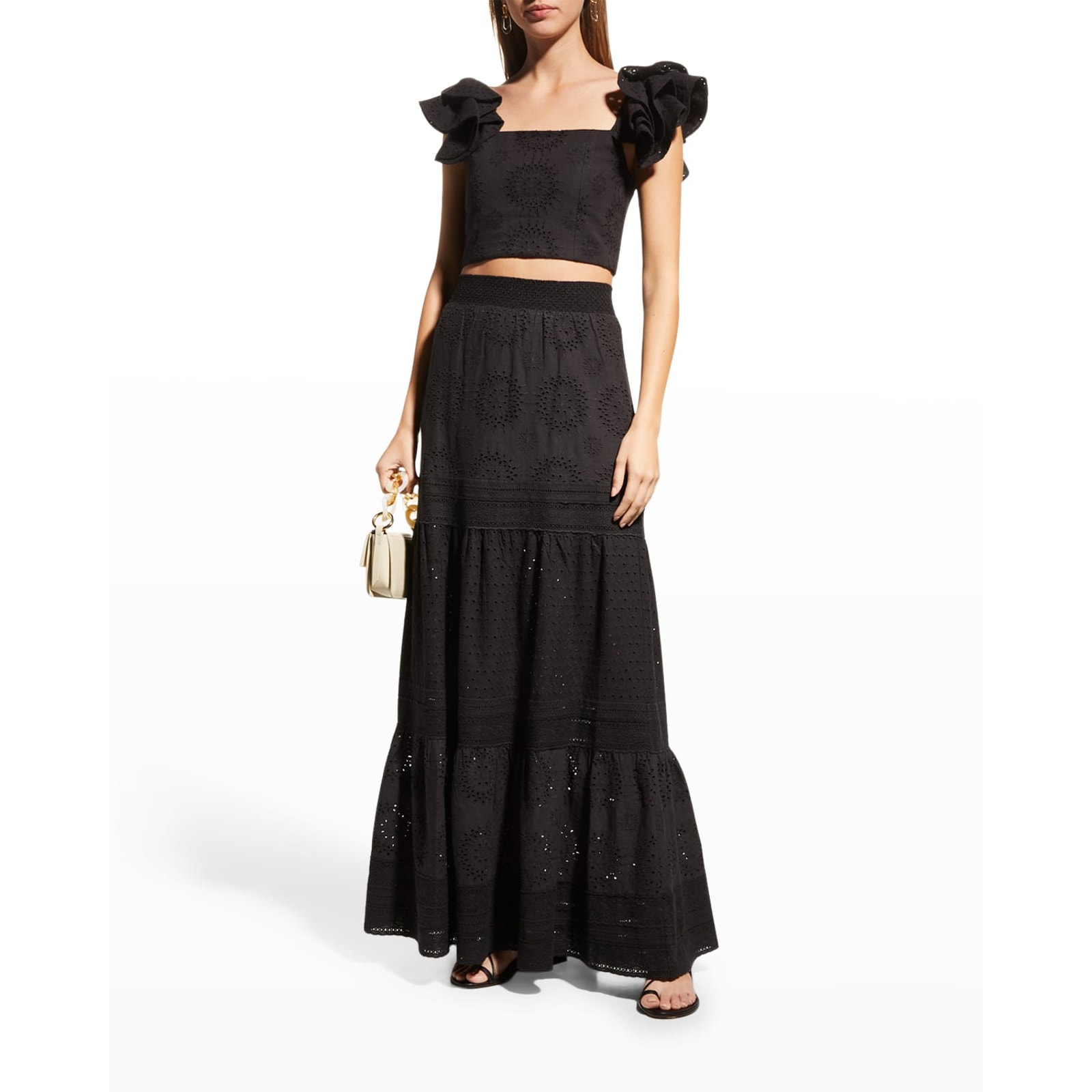 Alice + Olivia 'Tawny' Black Cotton Sq Nk Ruffle Crop Top Size 4
